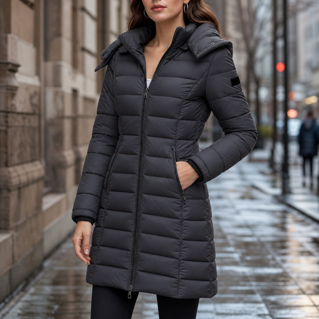 Belvaine | Women's Mid-Length Puffer Jacket | Detachable Hood - Vellmont & Co.