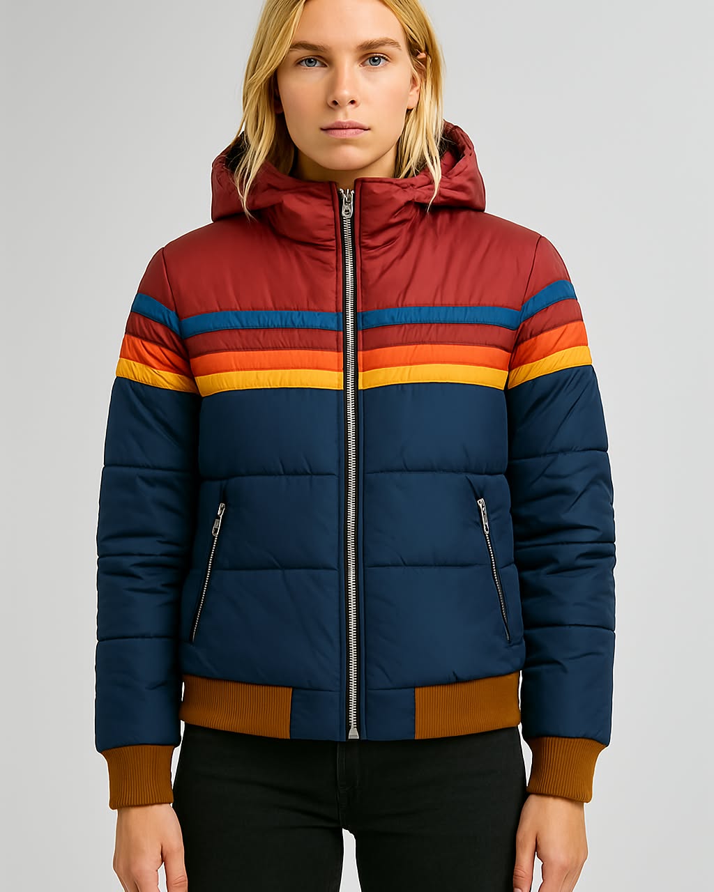 Freya | Women's Striped Puffer Jacket | Hooded - Vellmont & Co.