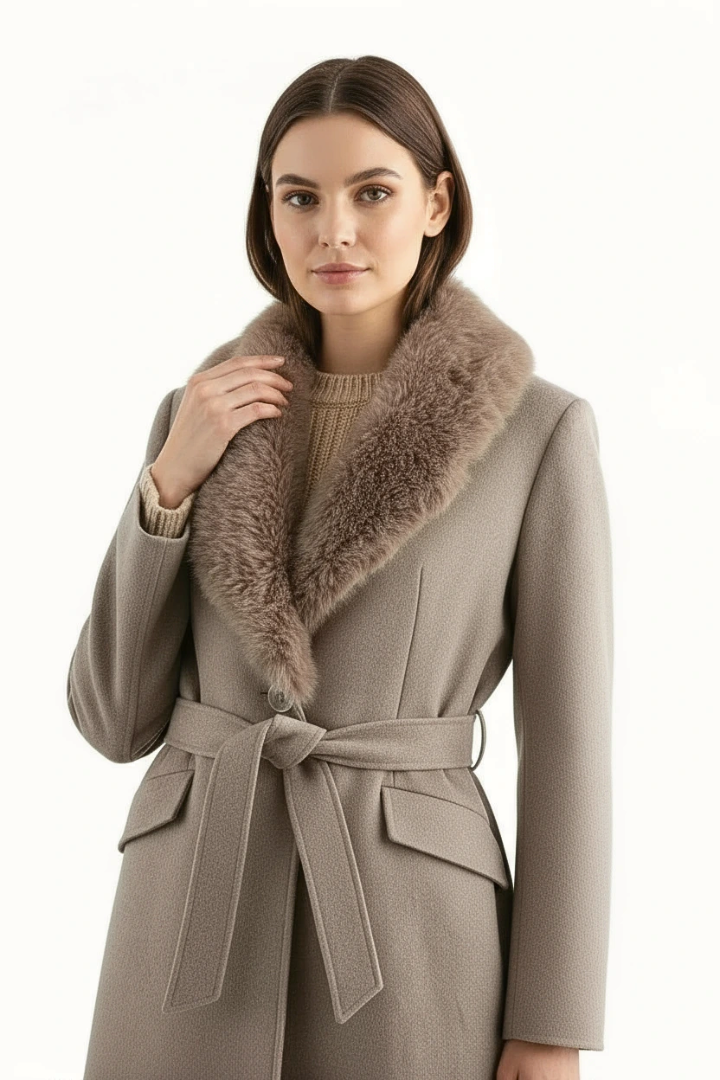 Lidia | Women's Belted Wool-Blend Coat | Faux Fur Collar - Vellmont & Co.